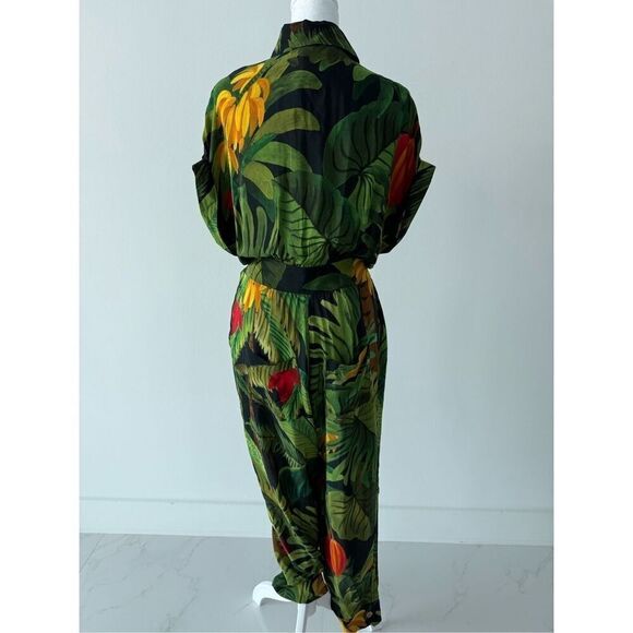 Farm Rio Jumpsuit Size Small Forest Green Print Wooden Buttons Summer Vacation F - Picture 8 of 14